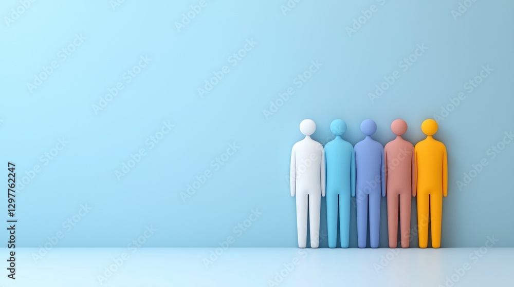 Poster five stylized figures of different colors are aligned side by side against a soft blue backdrop, cre