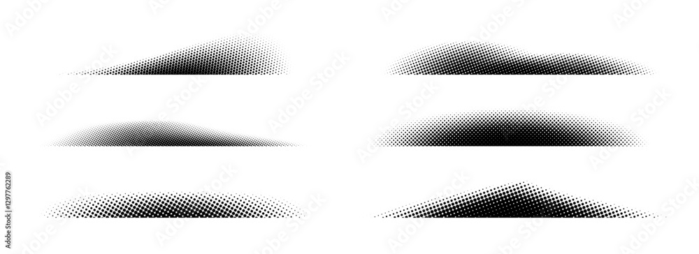 Poster Halftone shadows set. Black dotted gradient stripes collection. Half tone textured shades pack for divide and separate. Horizontal pixelated grain line patterns. Vector noise dots and particles strips