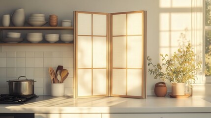 fresh, modern kitchen with white counters and a folding screen near a white wall.
