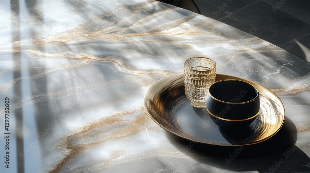 Poster marble tabletop with a soft matte finish, subtly illuminated, creating delicate abstract shadow effe