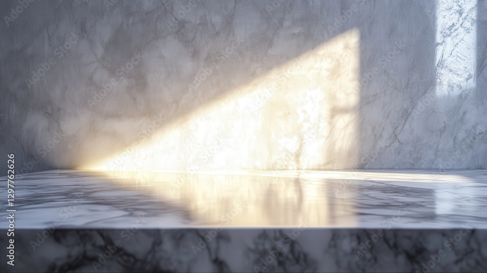 Poster marble tabletop with a soft matte finish, subtly illuminated, creating delicate abstract shadow effe