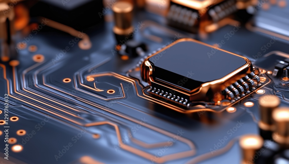 Poster this close-up view reveals a circuit board with a complex layout of metallic components and detailed