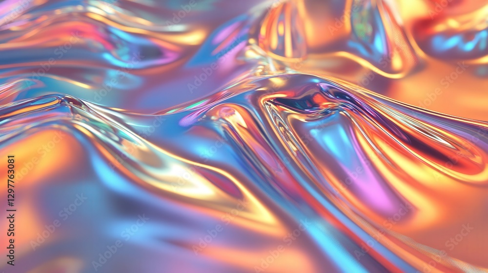Poster holographic surface with shimmering waves of color, reflecting light in a mesmerizing and futuristic