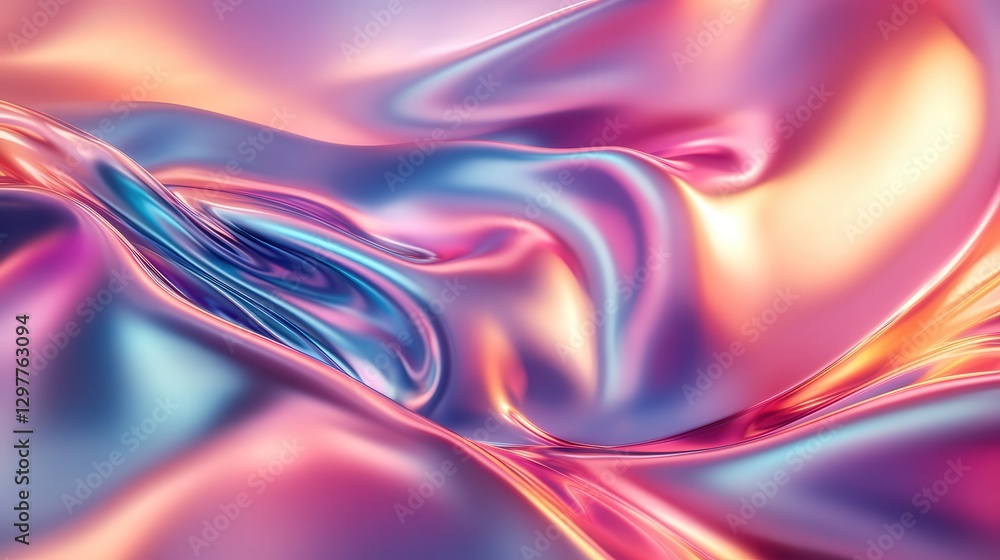 Poster holographic surface with shimmering waves of color, reflecting light in a mesmerizing and futuristic