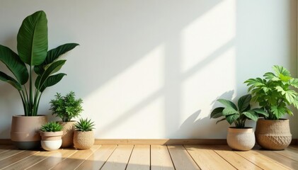 rustic wooden floor with macrame plant holders, potted plants, natural elements