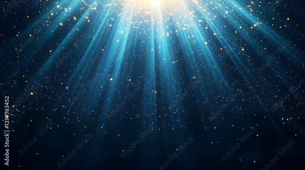 Poster abstract blue background with light beams and sparkling particles creating festive glow