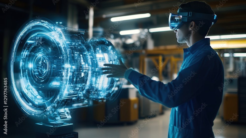 Poster factory where an engineer uses augmented reality to interact with a holographic engine,