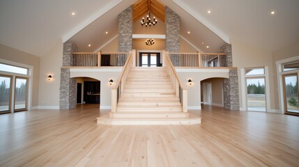 Obraz premium modern home interior features a stunning wooden staircase, high ceilings with natural light pouring in, and a warm ambiance. open space invites relaxation and gatherings