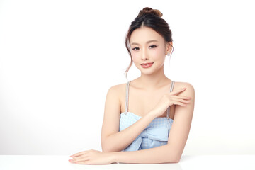 Fototapeta premium Beautiful young asian woman with clean fresh skin on white background, Face care, Facial treatment, Cosmetology, beauty and spa, Asian women portrait.