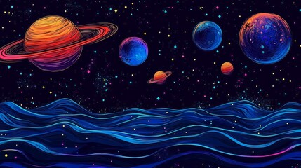 Naklejka premium Retro pixelated fantasy landscape of celestial bodies over cosmic water with twinkling stars bringing back nostalgic 8 bit visuals