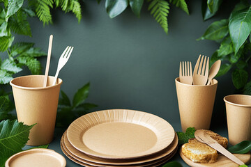 Sleek and modern disposable tableware including paper plates, cups, and cutlery arranged beautifully among lush green foliage, perfect for eco friendly gatherings