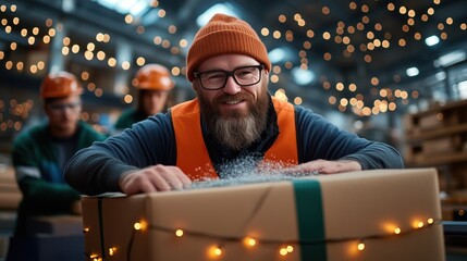 Warehouse workers are focused on decorating packages with festive lights in a busy storage facility. warm glow creates a joyful atmosphere as they prepare for the upcoming holiday season