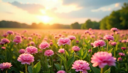 Obraz premium Soft pink ranunculus field with lush greenery and a warm sunny sky, springtime, flowers, nature photography