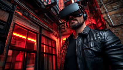 Obraz premium Man VR alley neon night gaming