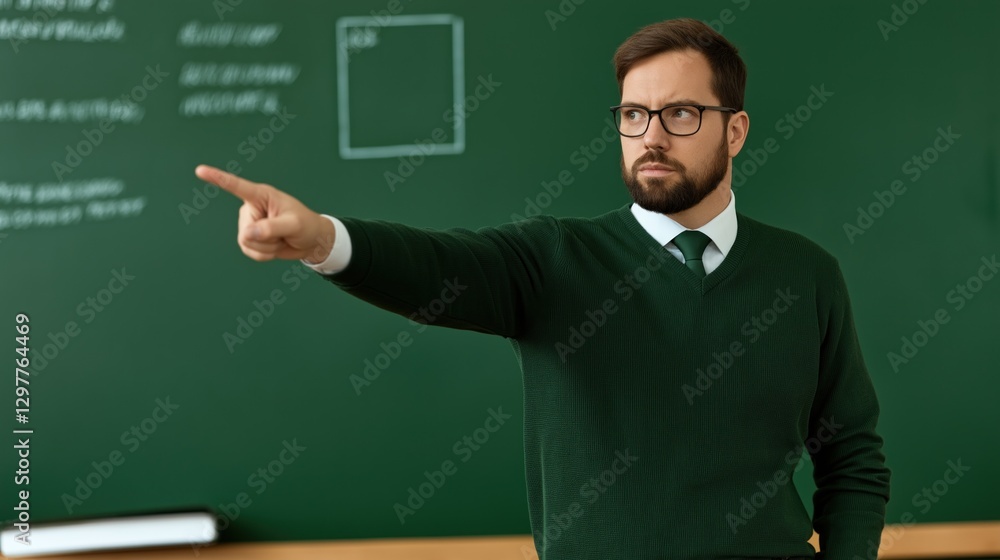 Poster teacher stands at the front of a classroom, pointing decisively while engaging students in a lesson.