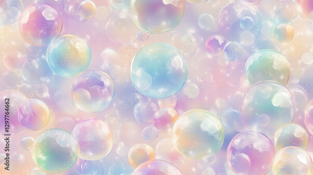 Poster colorful repeating pattern of soap bubbles against a pastel background creating a joyful atmosphere.