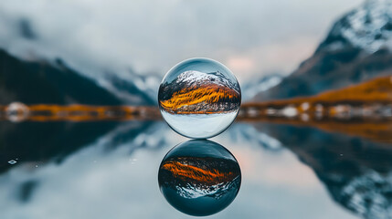 soap bubble reflecting an inverted image of a natural landscape in its surface 
