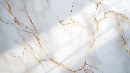 glossy white marble tabletop with intricate gold veins, softly catching daylight, producing gentle abstract shadows.