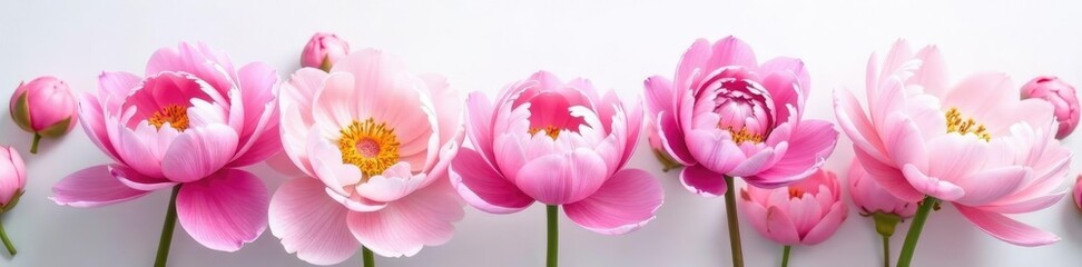Soft pink to deep purple colored peonies in a delicate white background, pastel hues, blooming flowers, flower arrangement