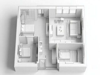 Monochromatic 2 Bedroom Apartment Floor Plan, Interior Design