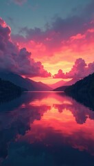 Fototapeta premium Soft red clouds float gently above a serene lake during sunset, clouds, lake, peaceful