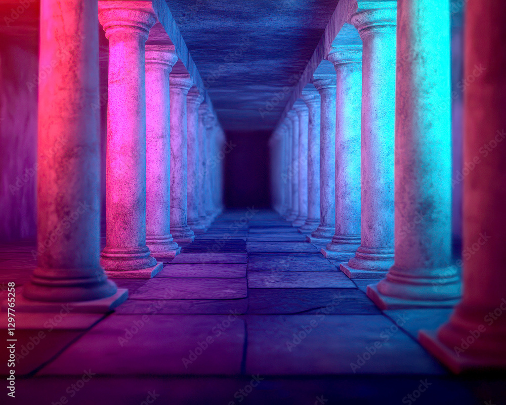 Poster mystical corridor with illuminated columns in vibrant colors.