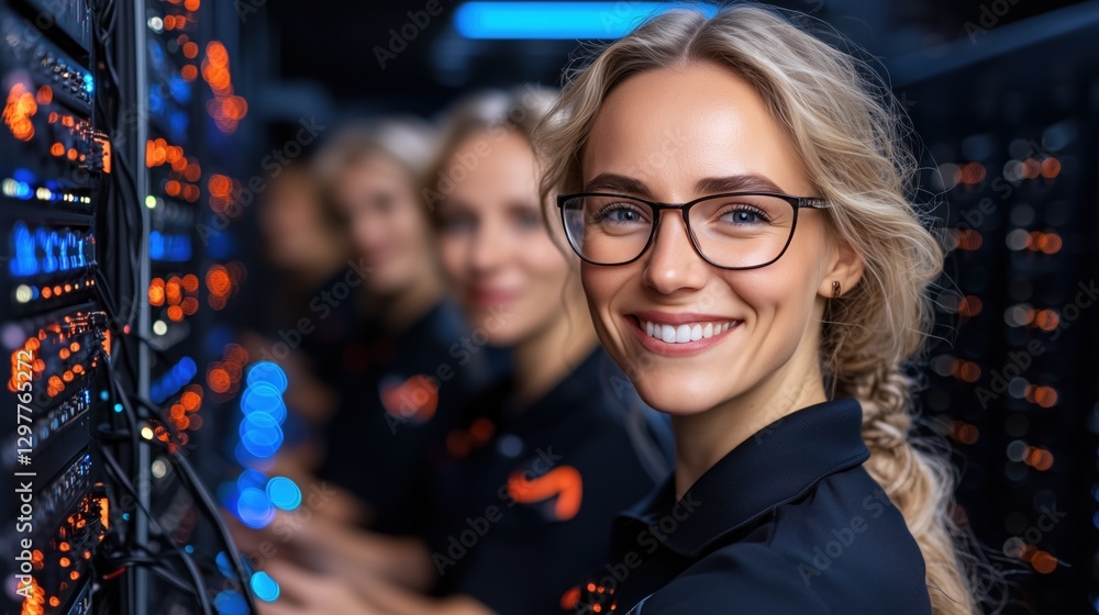 Poster two technicians attend to server equipment in a data center. one technician smiles while focusing on
