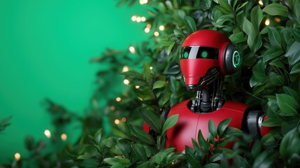 striking red robot stands partially hidden among dense green leaves, with soft glowing lights surrounding it, creating a captivating and whimsical atmosphere