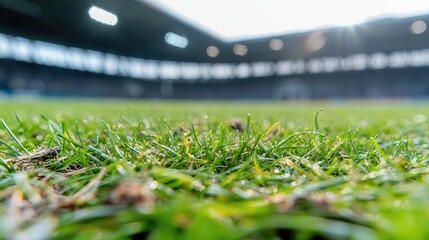Close-up stadium grass, sunny day, blurred background, sports event