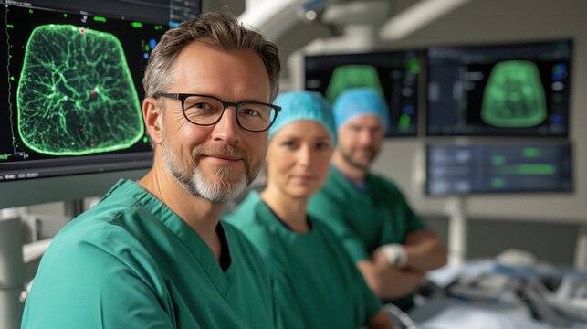 Medical professionals in green scrubs stand confidently in a state-of-the-art operating room equipped with high-tech monitors displaying patient scans - Powered by Adobe