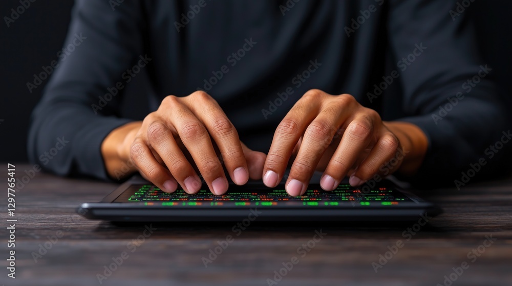 Poster hands of an individual are positioned on a tablet with a vibrant keyboard, focused on typing. settin