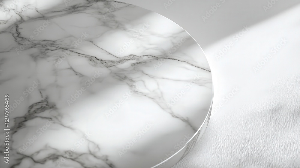 Poster marble tabletop with intricate veining, complemented by a play of light and abstract shadows on a pl
