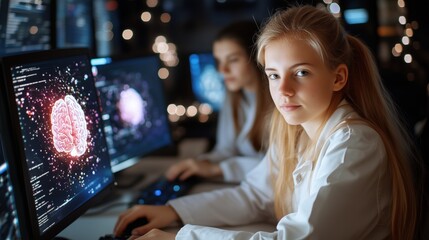 Two young researchers engage with computers displaying intricate digital brain models in a well-equipped laboratory focused on innovative technology and collaboration