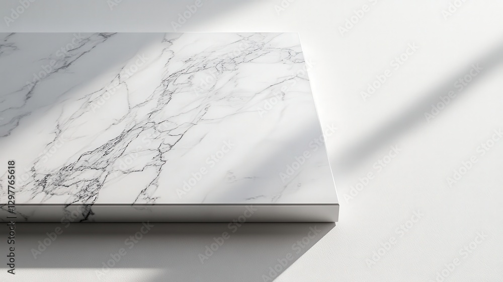 Poster marble tabletop with intricate veining, complemented by a play of light and abstract shadows on a pl