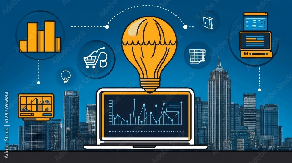 Poster innovative business solutions graphic depicting data insights and smart technology in the cityscape 