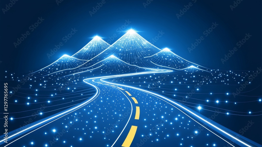 Poster digital pathway leading towards bright future insights through mountainous terrain in a captivating 