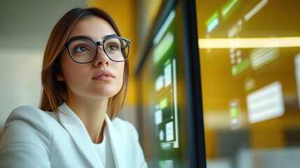 professional woman sits in a modern office, intently gazing at a digital display filled with data and graphics