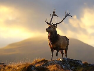 Fototapeta premium Majestic stag stands proud at sunset in the highlands