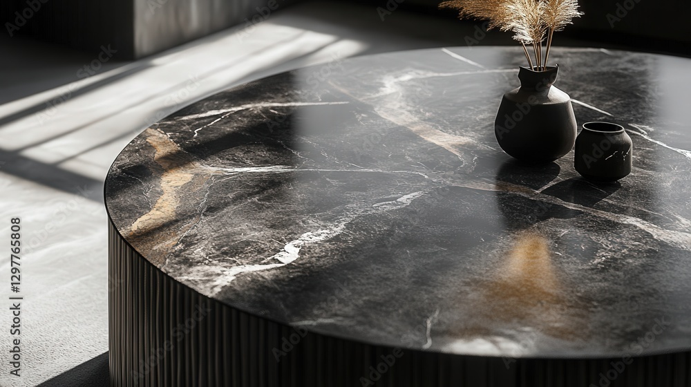 Poster volcanic marble tabletop with rugged textures, playing with light and shadow to create a dynamic eff