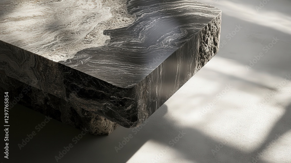 Poster volcanic marble tabletop with rugged textures, playing with light and shadow to create a dynamic eff