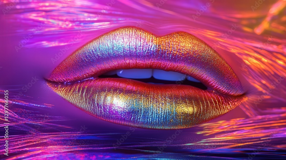Poster holographic background with a subtle texture, reflecting an array of bright, liquid-like neon colors