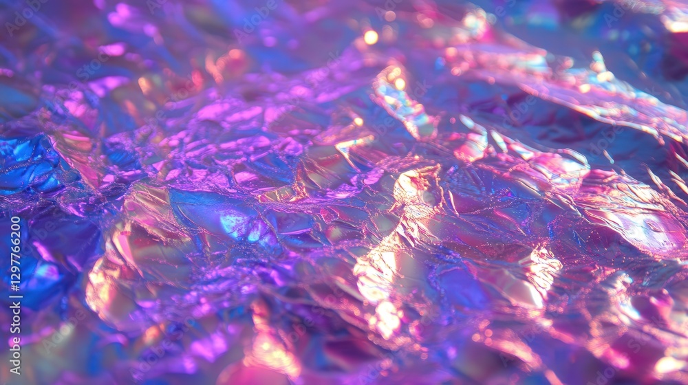 Poster iridescent foil with smooth, liquid-like light distortions, creating a dynamic abstract holographic 