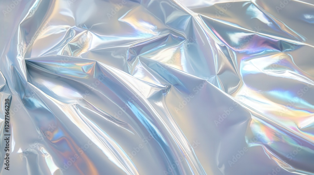Poster iridescent foil with smooth, liquid-like light distortions, creating a dynamic abstract holographic 