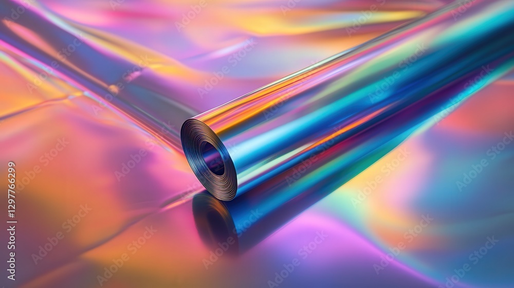 Poster iridescent foil with smooth, liquid-like light distortions, creating a dynamic abstract holographic 