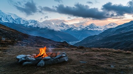 Fototapeta premium A high-altitude camping spot with a firepit, surrounded by rugged mountain scenery