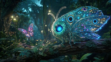 A blue and green moth with glowing eyes and antennae sits on a tree branch in a jungle.