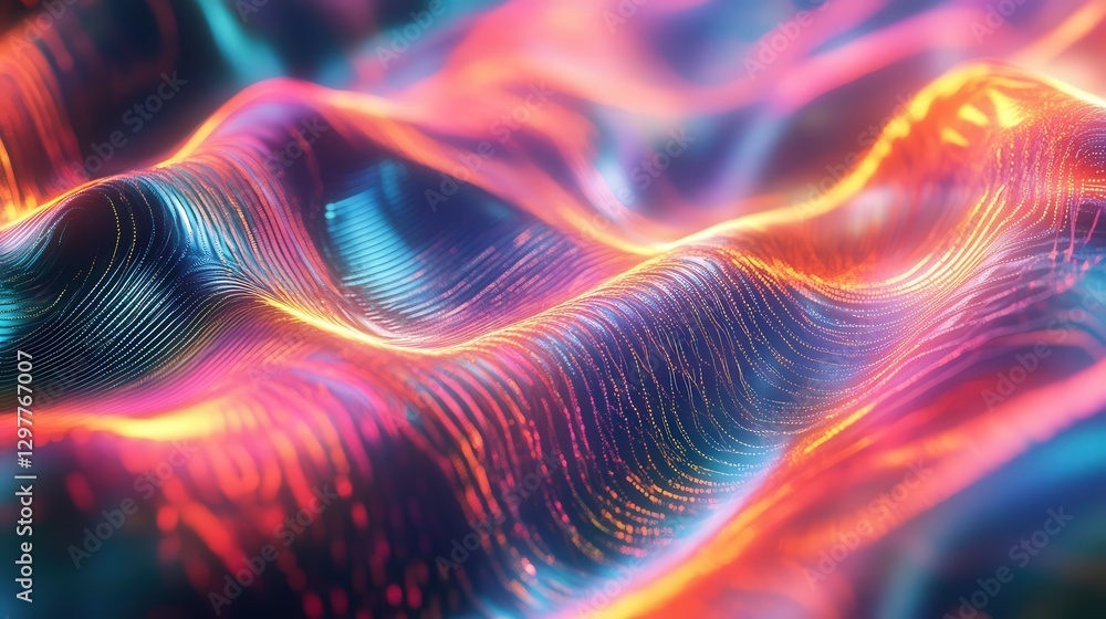 Poster glowing hologram texture where thin lines of light trace intricate patterns over an iridescent metal