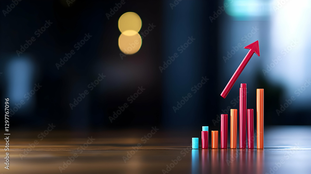 Aufkleber red arrow pointing upward on colorful bar chart against blurred background
