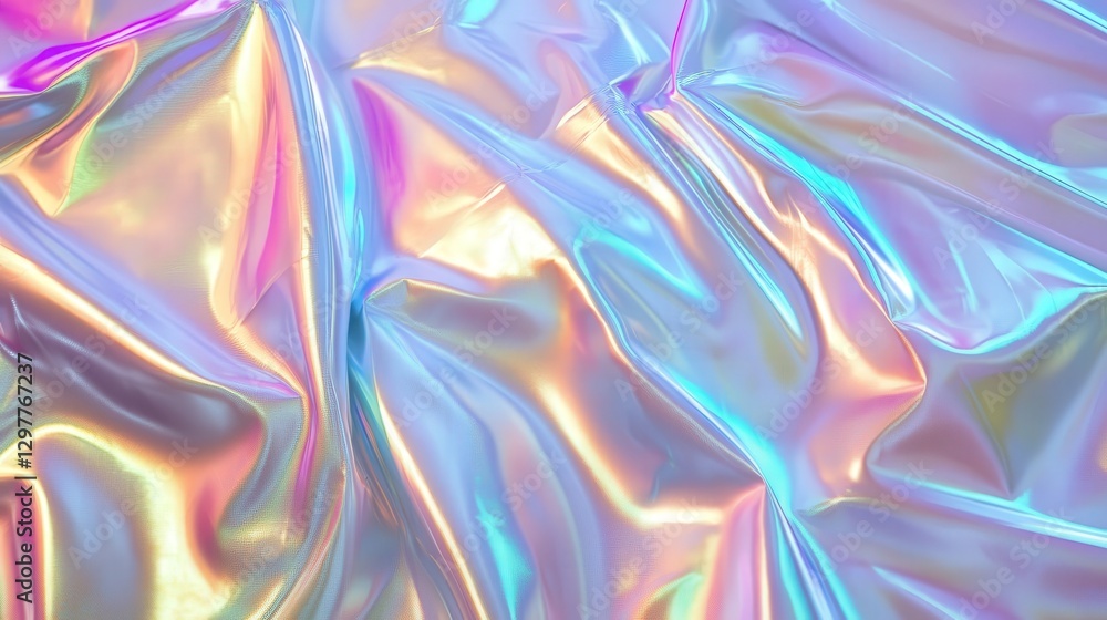 Poster holographic foil texture with flowing prismatic waves, creating an abstract interplay of metallic an