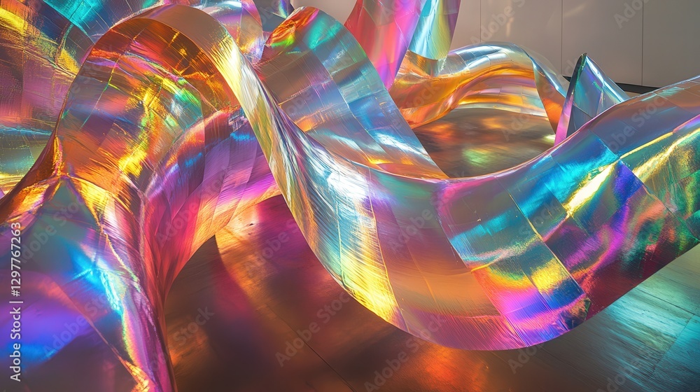 Poster holographic foil texture with flowing prismatic waves, creating an abstract interplay of metallic an